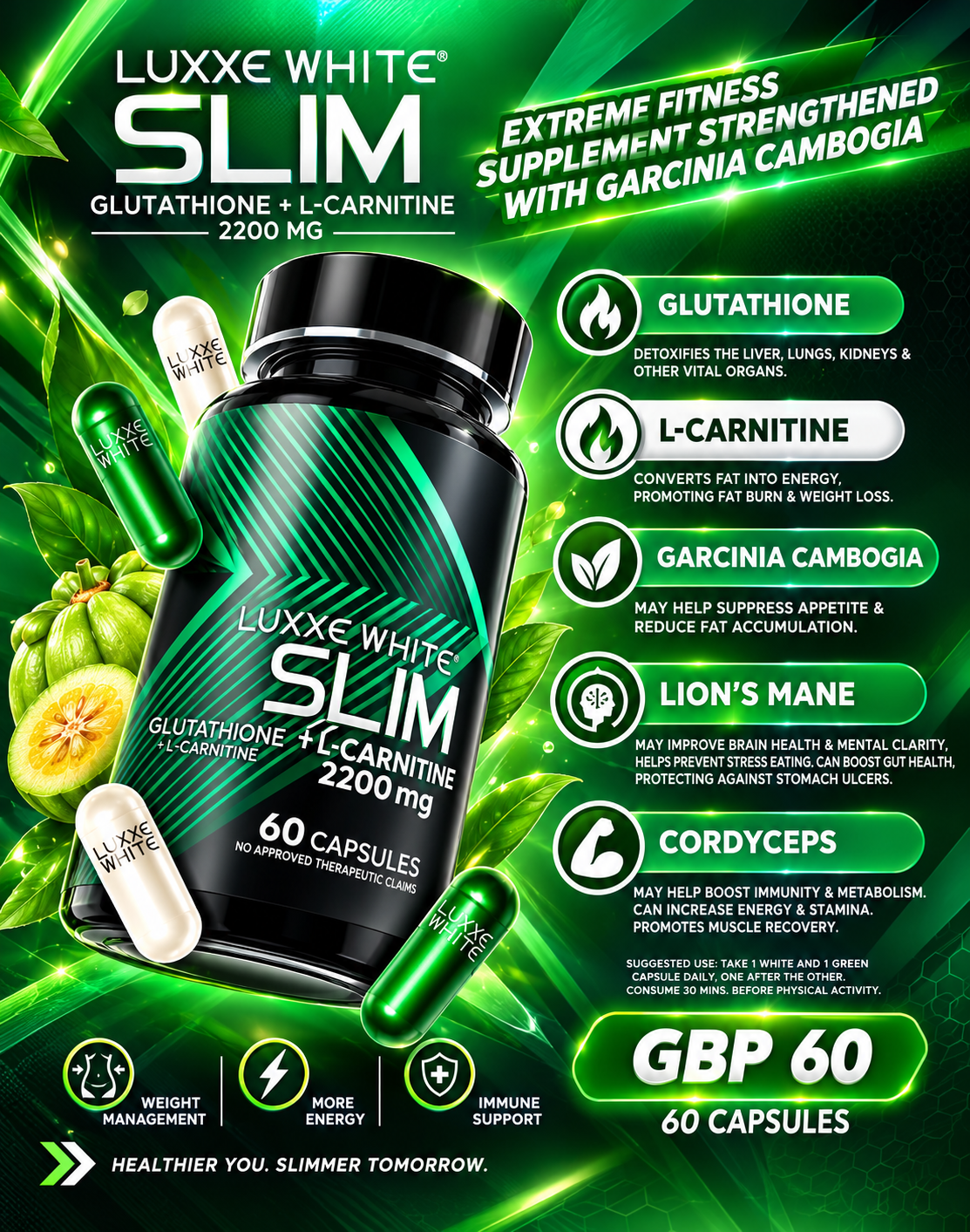 Luxxe White Slim Glutathione + L-Carnitine, Cordyceps, Lion’s Mane 2200mg