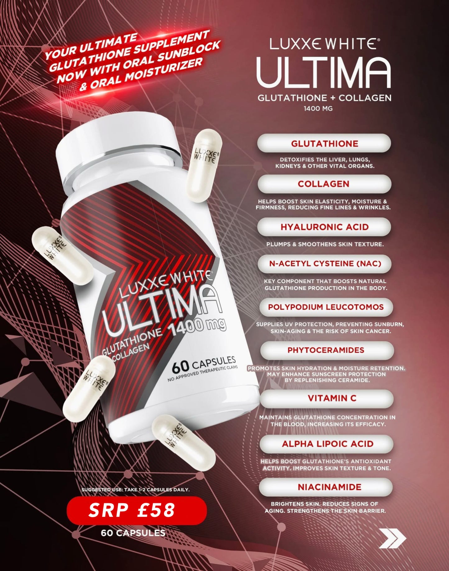 Luxxe White Ultima Glutathione + Collagen 1400mg with Hynalouric Acid, Niacinamide, & Oral Sunblock