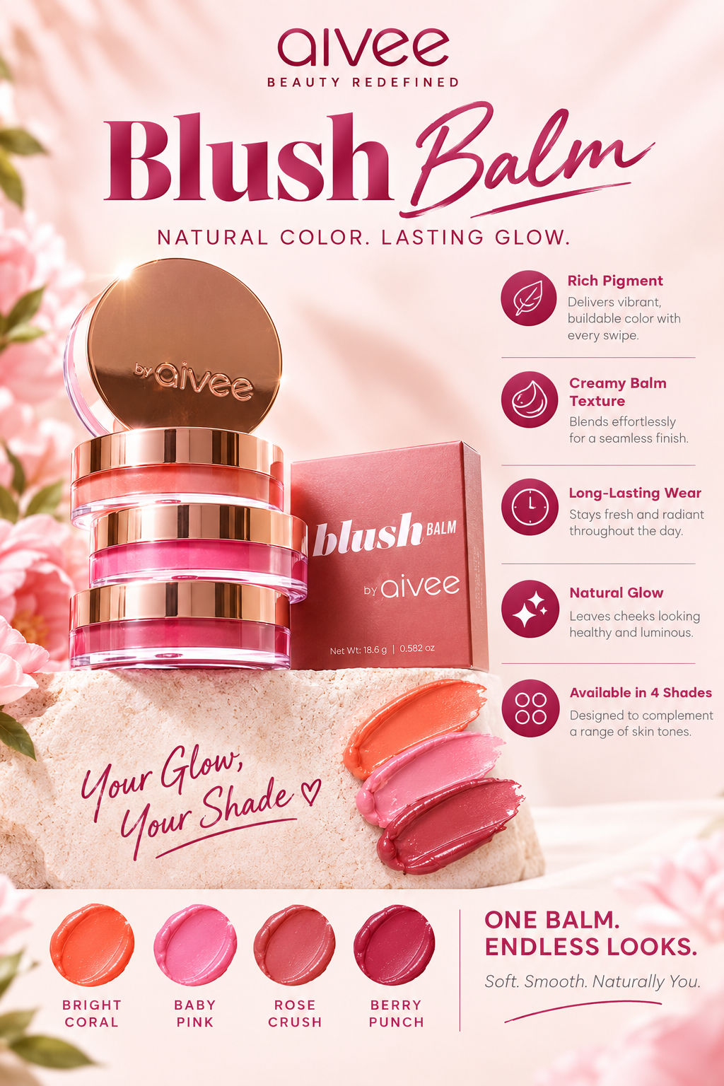 Aivee Blush Balm promotional image showing four shades